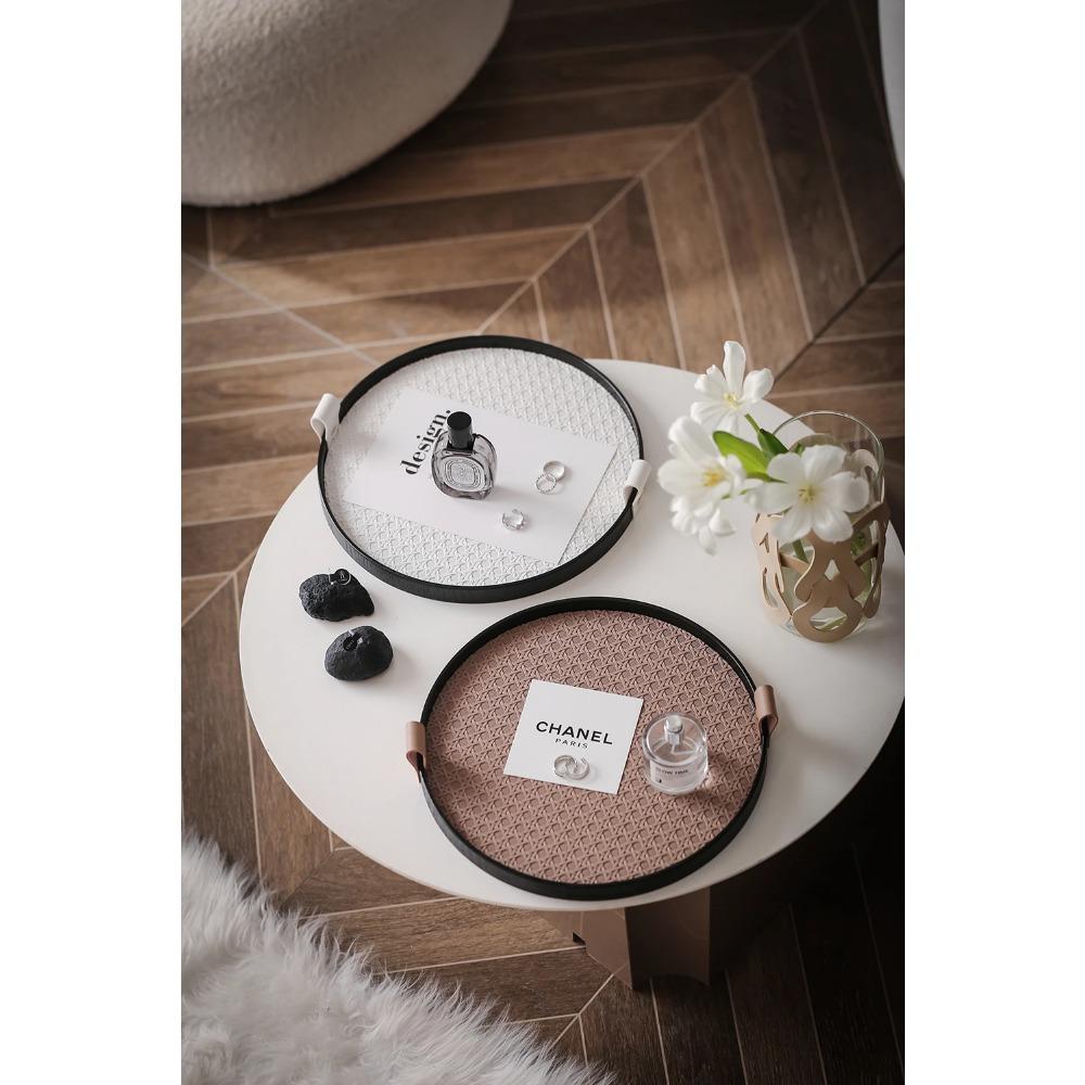 Nordic Round Jewelry Tray Woven Leather Storage Tray Living Room Kitchen Desktop Cosmetic Sundries Plate Home Decoration