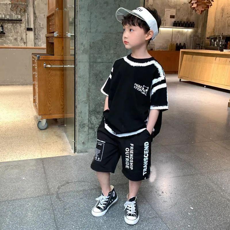 Summer Casual Boys Cotton Contrast T-Shirt Top+Shorts Pant Set School Kids Tracksuit Child 2PCS Outfit