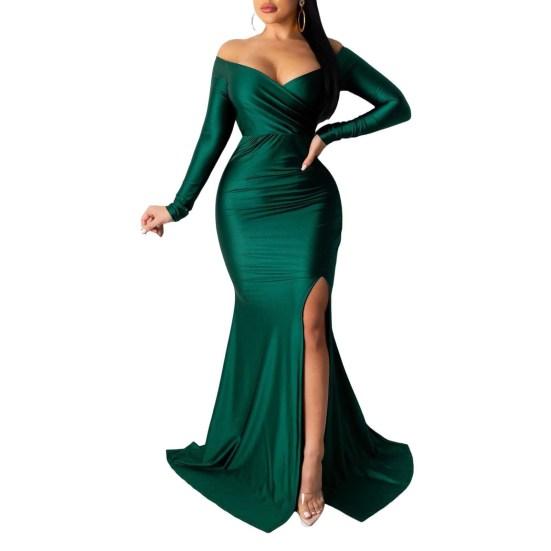 Женское вечернее платье с V-образным вырезом, открытыми плечами, боковыми разрезами, длиной до пола, длинными рукавами, плиссированное, облегающее