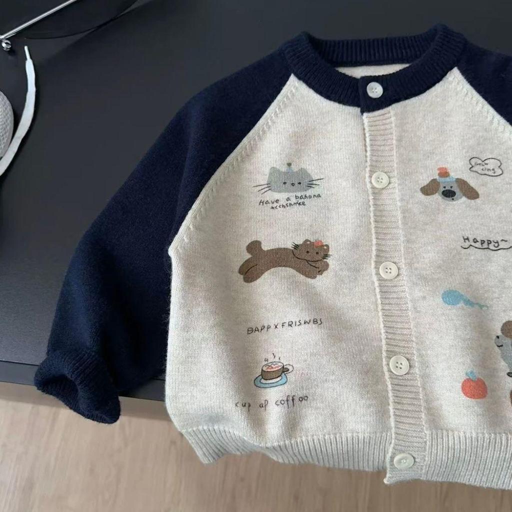 Детский мультяшный вязаный кардиган 2025 года с цветными блоками - Мягкий, удобный осенний свитер