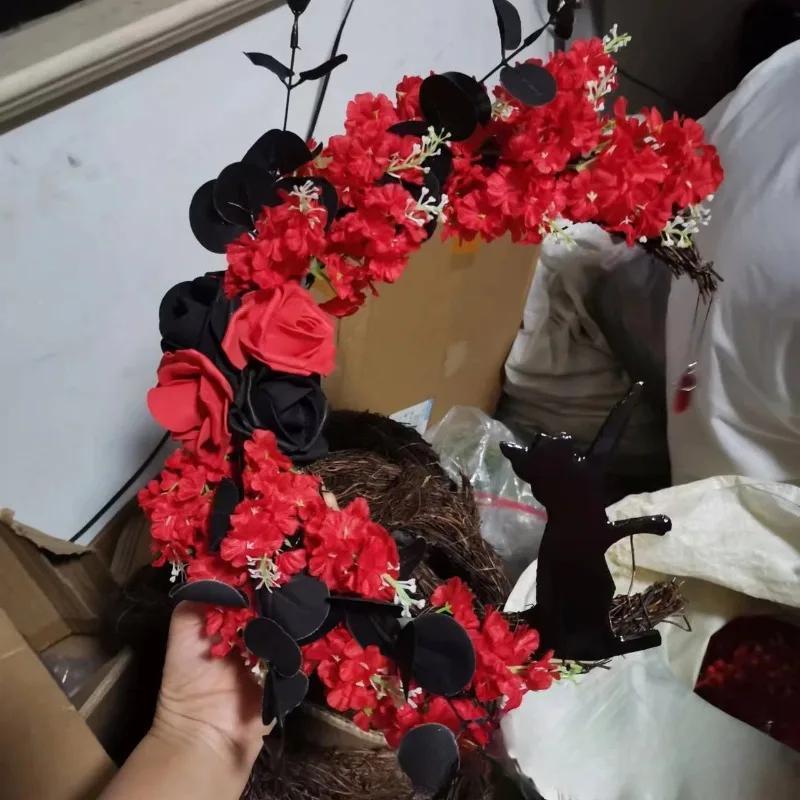 Гирлянда из кошек и луны на Хэллоуин с розовыми и черными украшениями, гирлянда на Хэллоуин, венок на Хэллоуин для входной двери, декор двери на Хэллоуин