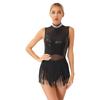Womens Glittery Rhinestone Dance Dress Fringed Leotard Mesh Patchwork Design Sequined Latin Performance Costume