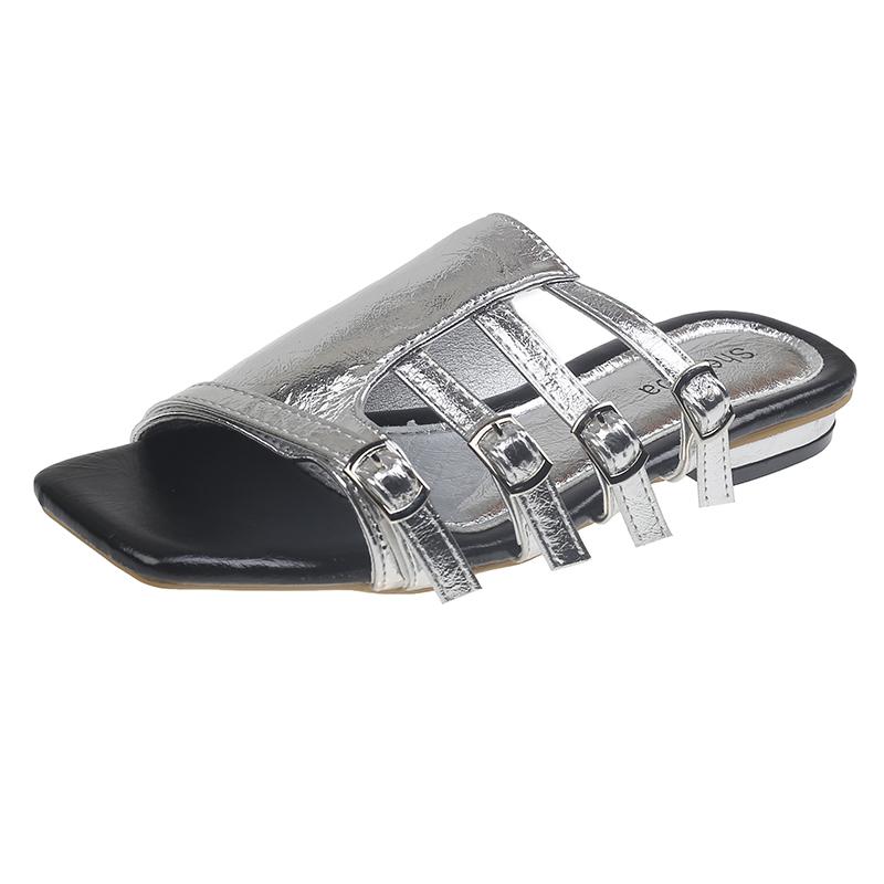 Fashion New Retro Square Toe Flat Fashion Slippers Women's 2025 Summer New Fairy Style Belt Buckle One-word Belt