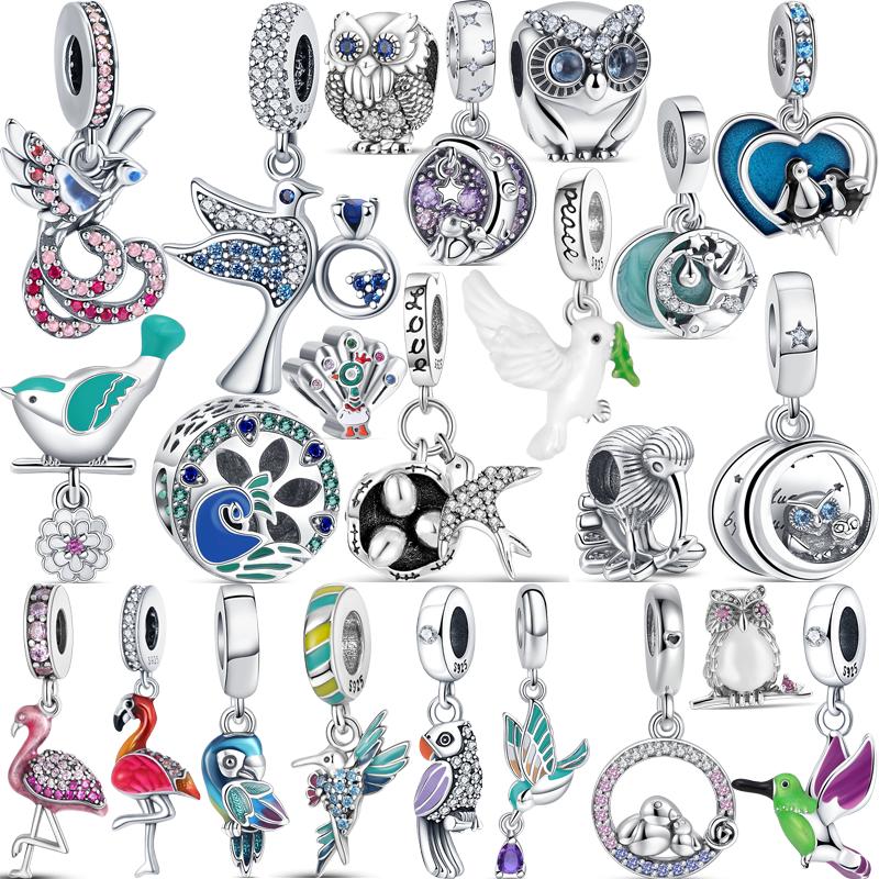 925 Серебряный Фламинго Павлин Сова Пингвин Птицы Мультфильм Мода Шарик Подходит Подвески Браслет Женщины DIY Ювелирные Изделия