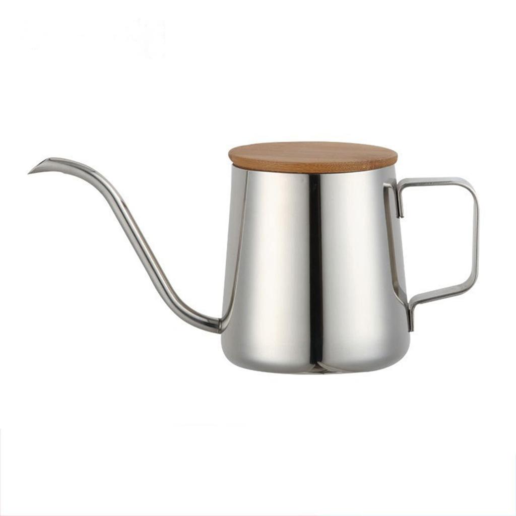 FUN COFFEE Drip Pot 350ml Narrow Mouth Stainless Steel Coffee Kettle with Lid Kitchen Drip Single Person Coffee Stylish Silver (co-0046)