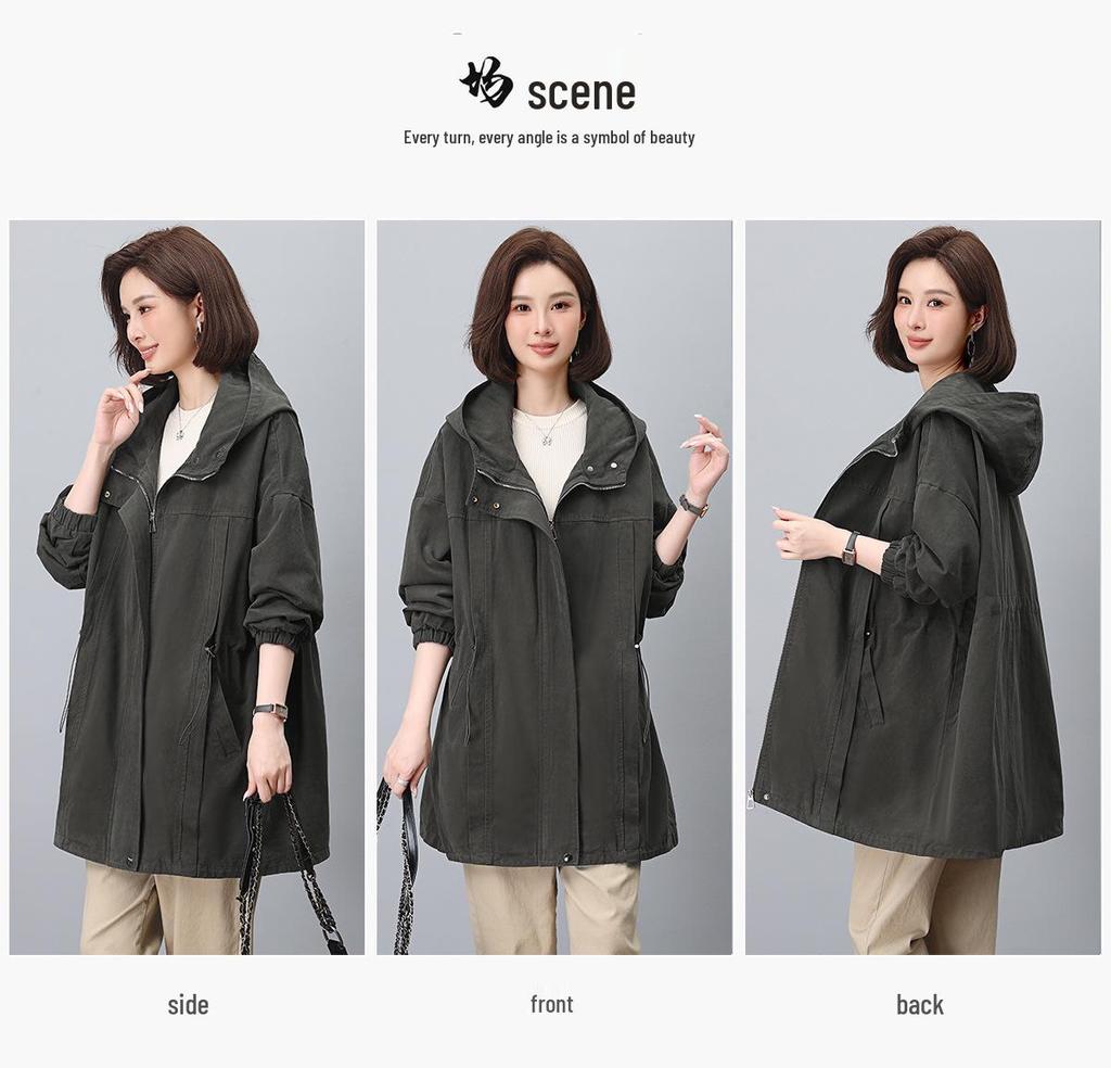 Women's Mid-Length Hooded Trench Coat, Spring/Autumn 2024: Pure Cotton, Long-Sleeve, Casual Workwear, Slimming Plus Size.