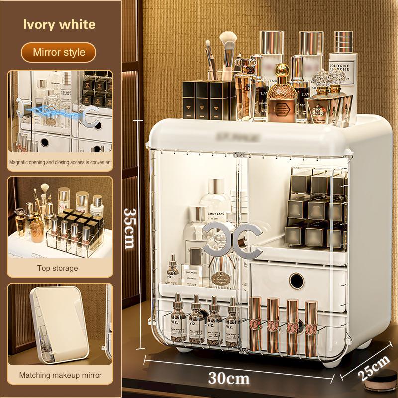 Cosmetics Storage Box Luxury Dustproof with Drawer Skincare Makeup Organizer Large Capacity Home Storage with Cosmetic Mirror