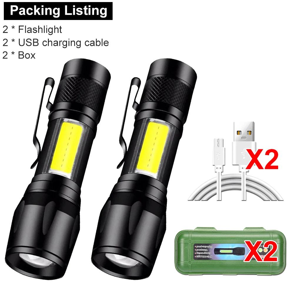 Mini LED Flashlight COB+XPE Portable Torch USB Charging Camping Lantern Zoomable Focus Light Tactical Flashlight with Pen Clip