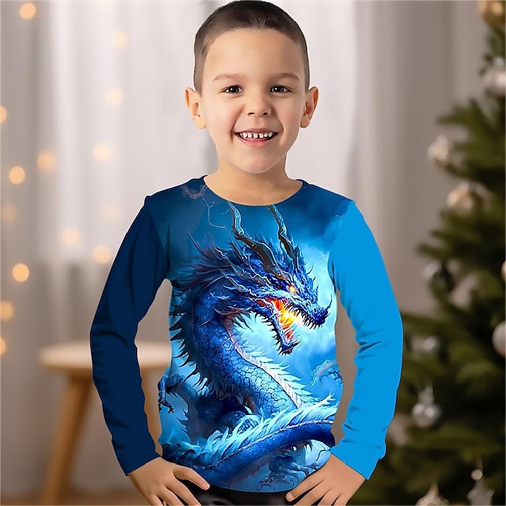 Children's Cool Animal Dragon Series 3D Digital Printed Boys Hip Hop Personality Round Neck Long Sleeved T-shirt