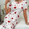 Lady Nightdress Contrast Color Heart Printing Shirring Edge Bow Decor Slit Hem Loose Short Sleeves Bedroom Dress Summer Sleepwear