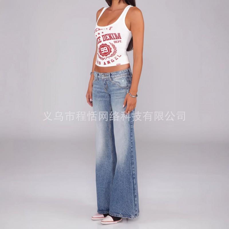 Y2K Vintage Washed Distressed Slim Fit Flared Jeans Women Low Waist Stretch Denim Pants