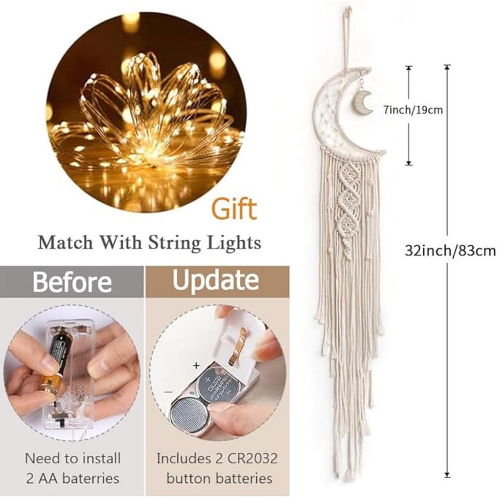 Chic Bohemian Macrame Woven Wall Hanging Moon Dream Catcher Boho Home Decor Wall Art Decor Room Decor(String Lights NOT Included)