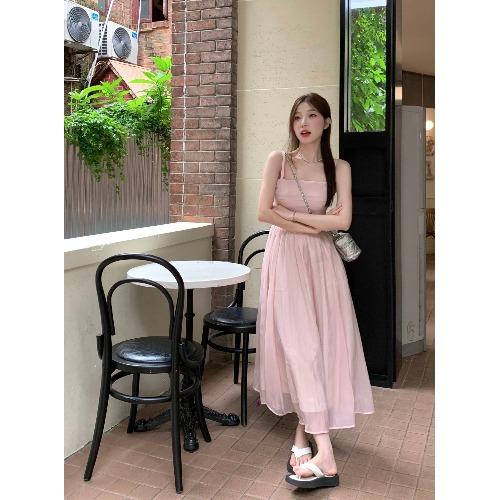 Sweet Fairy Style Party Midi Dress Women Summer New Date High Sense Slimming Pink Clothing Female Gentle Princess Strap Dress