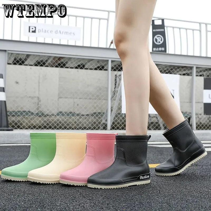 WTEMPO Women's Fashion Short Tube Rainshoes Kitchen Outdoor Anti Slip Flat Heel Thick Sole Waterproof Rubber Shoes Dropshipping Wholesale