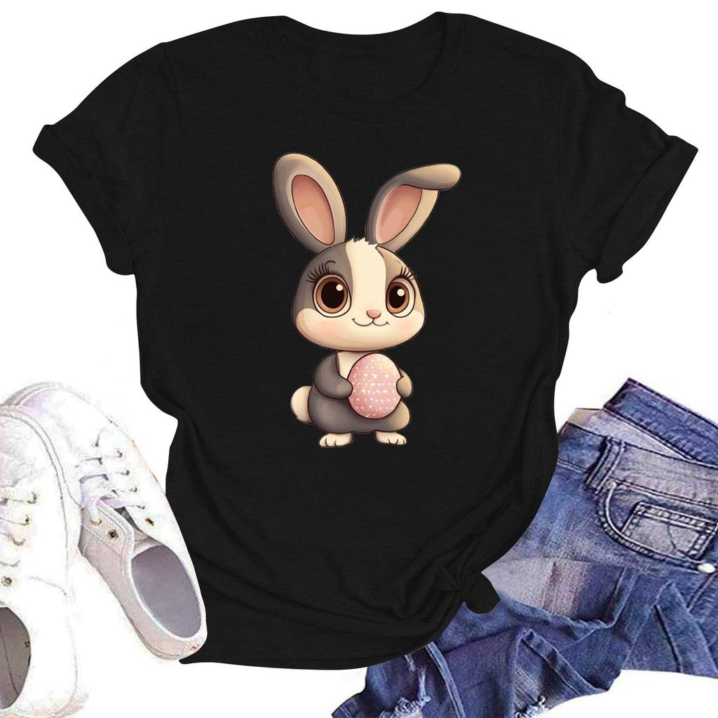 Happy Easter Women's Fashion Printed Round Neck Short Sleeve T-Shirt Pullover Top