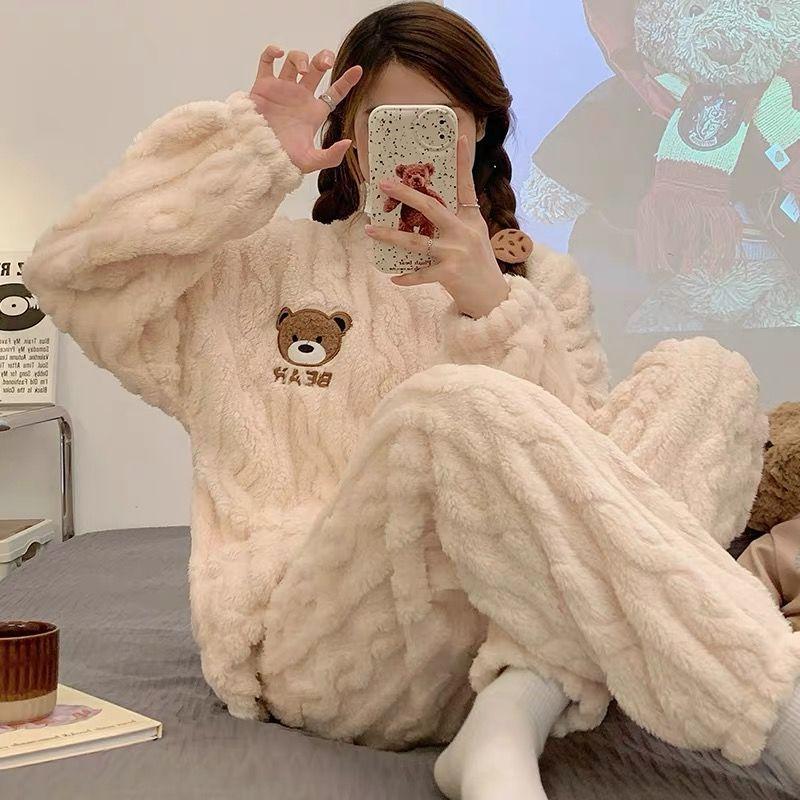 Пижамы для женщин осень-зима коралловый домашняя одежда фланель очень толстый зимний большой размер очень большой флисовый теплый костюм