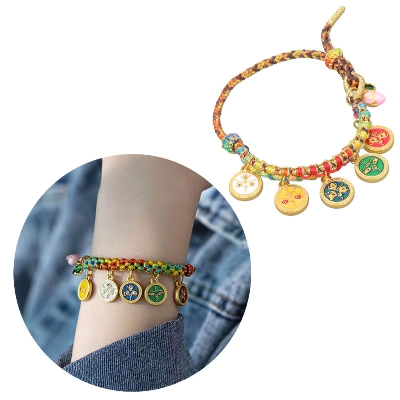 Тибетский браслет ручной работы, цветная веревочная цепочка, пятисторонний браслет Бога богатства, регулируемая цепочка на запястье с вытягивающейся веревкой