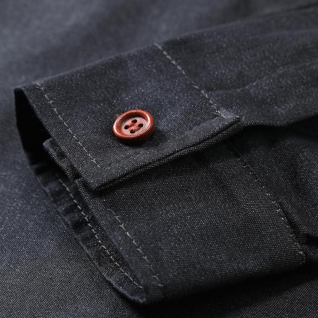 Мужская повседневная однотонная джинсовая рубашка с двумя карманами и длинным рукавом с лацканами
