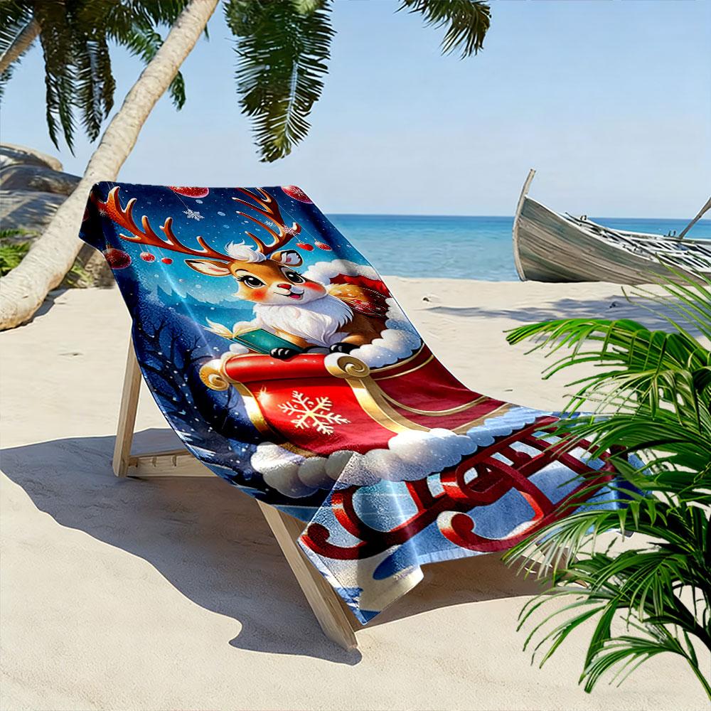 Charming festive reindeer sleigh Print beach towel, quick drying, suitable for travel, outdoor sports, jogging, the beach and swimming, gift