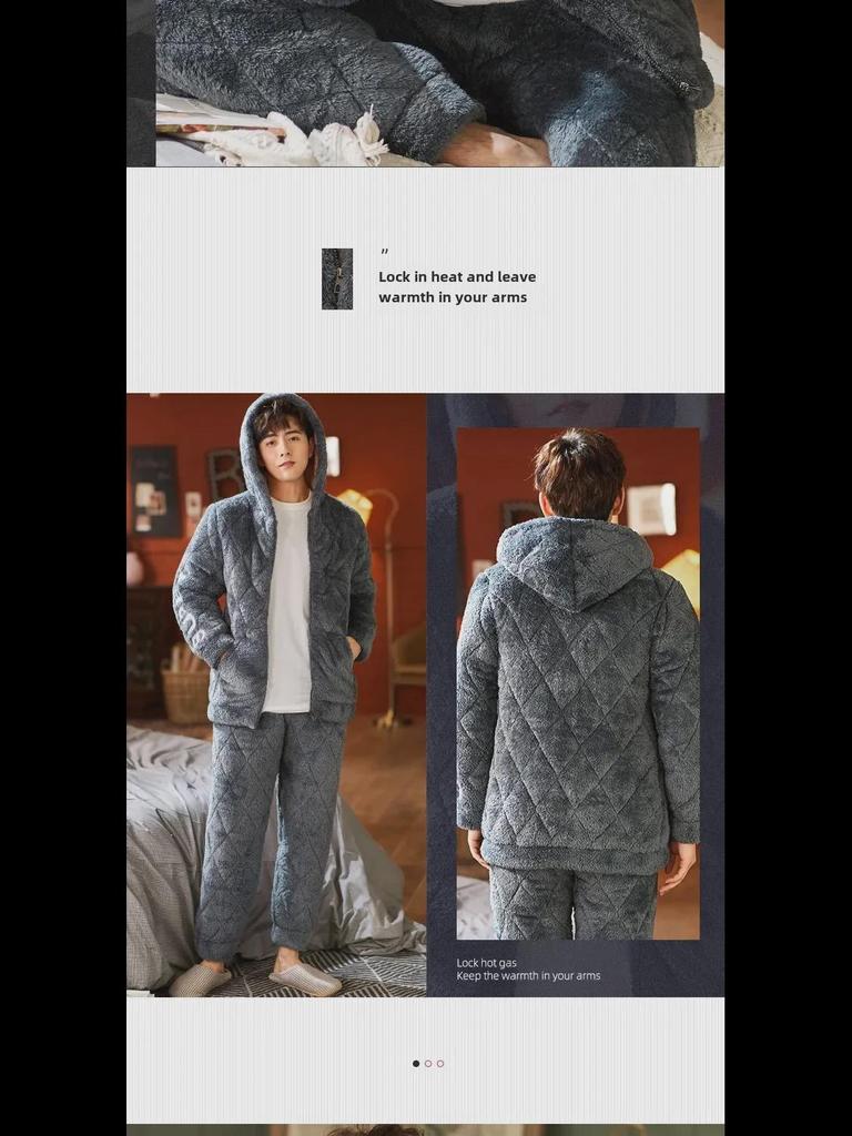 Men's Winter Hooded Quilted Pajama Set: Thick, Plush, Large Size Flannel Jacket