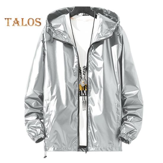 Men Shiny Glossy Coat Hooded Long Sleeve Teenager Coat with Adjustable Drawstrings Cuffed Sleeves Bright Surface Jacket
