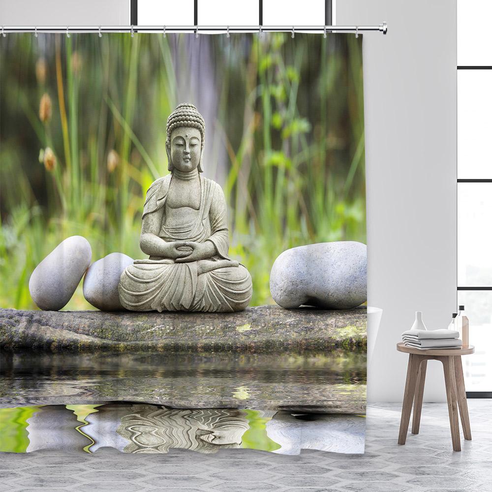 Дзен Занавеска для душа Зеленый бамбук Будда Розовая орхидея Лотос Лебедь Спа Природа Пейзаж Занавески для ванной Ткань Домашний декор с крючками