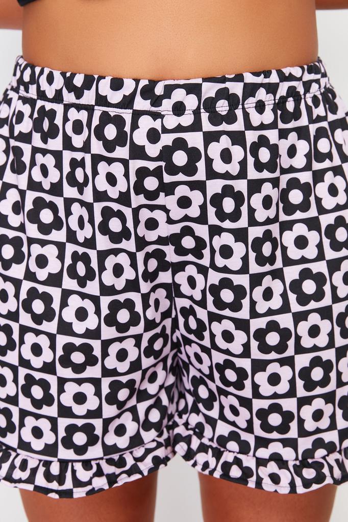 Женский стильный трикотажный пижамный комплект больших размеров с черным ремешком и узором