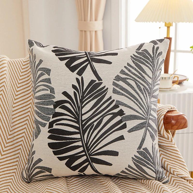 45X45Cm Throw Pillow Case Leaf Pattern Square Decorative Embroidery Jacquard Cushion Cover For Farmhouse Home Holiday Decor Blue