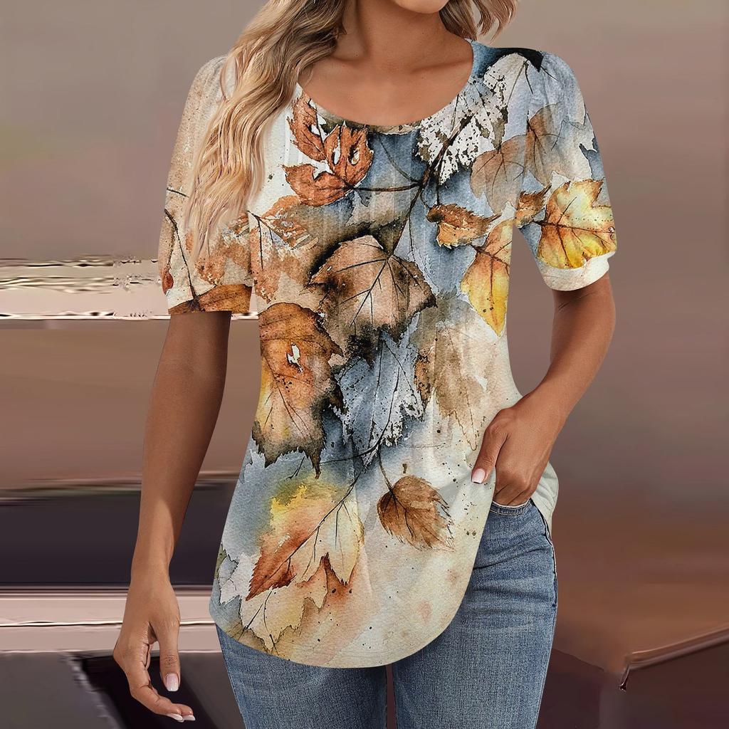 Женские пышные туники с короткими рукавами, топы, плиссированные блузки с воротником, повседневные свободные весенне-летние футболки