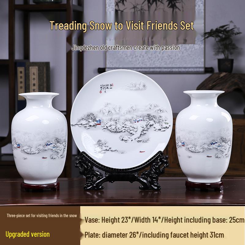 Good Fortune Jingdezhen Ceramic Vase Set: 3-Piece Décor for Living Room, Curio Shelf, or TV Cabinet