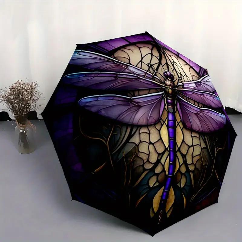 Automatic Open/Close Windproof Umbrella with Elegant Purple & Golden Dragonfly Design, Portable Folding Lightweight for Men &