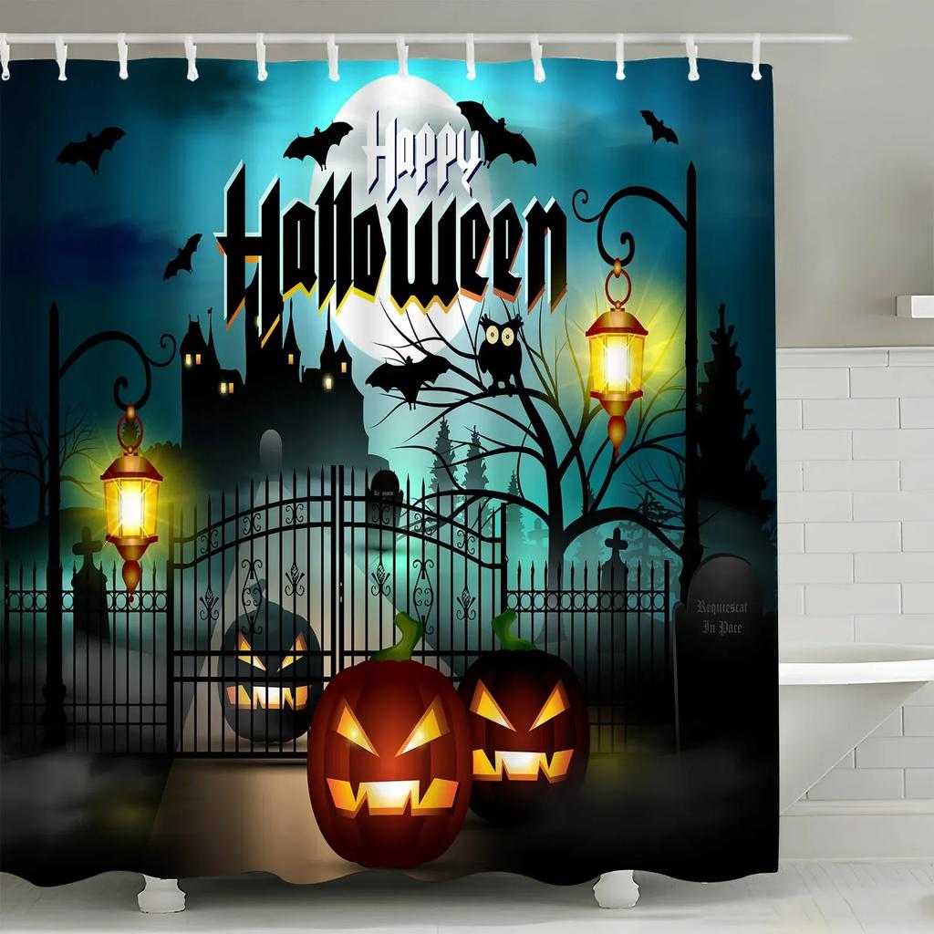 Halloween Skull Shower Curtains Crow Spooky Forest Pumpkin Castle Moon Black Bats Horror Night Bathroom Decor Fabric with Hook