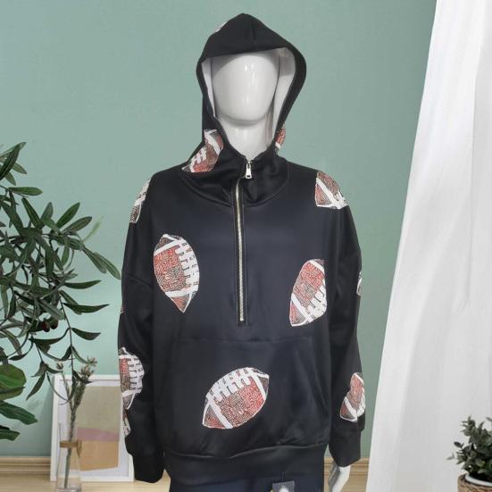 Женская толстовка с капюшоном, худи оверсайз на молнии до середины, с принтом регби с пайетками, осенний повседневный пуловер с карманами