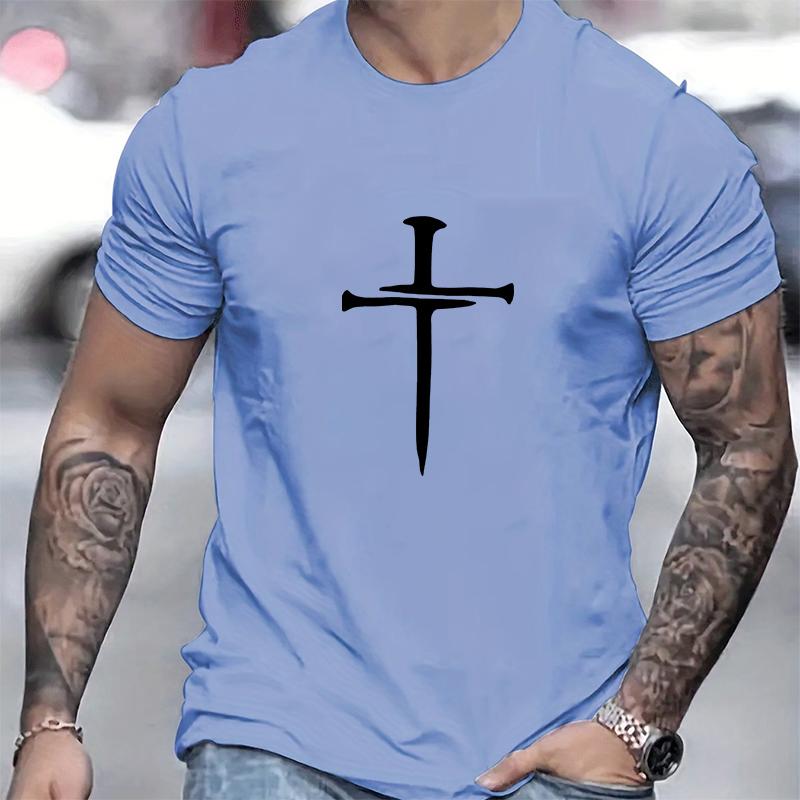 Cotton Short Sleeved Men's T-shirt with Cross Pattern Printed On It, Men's Summer Outdoor Clothing, Daily Style, Fashionable and