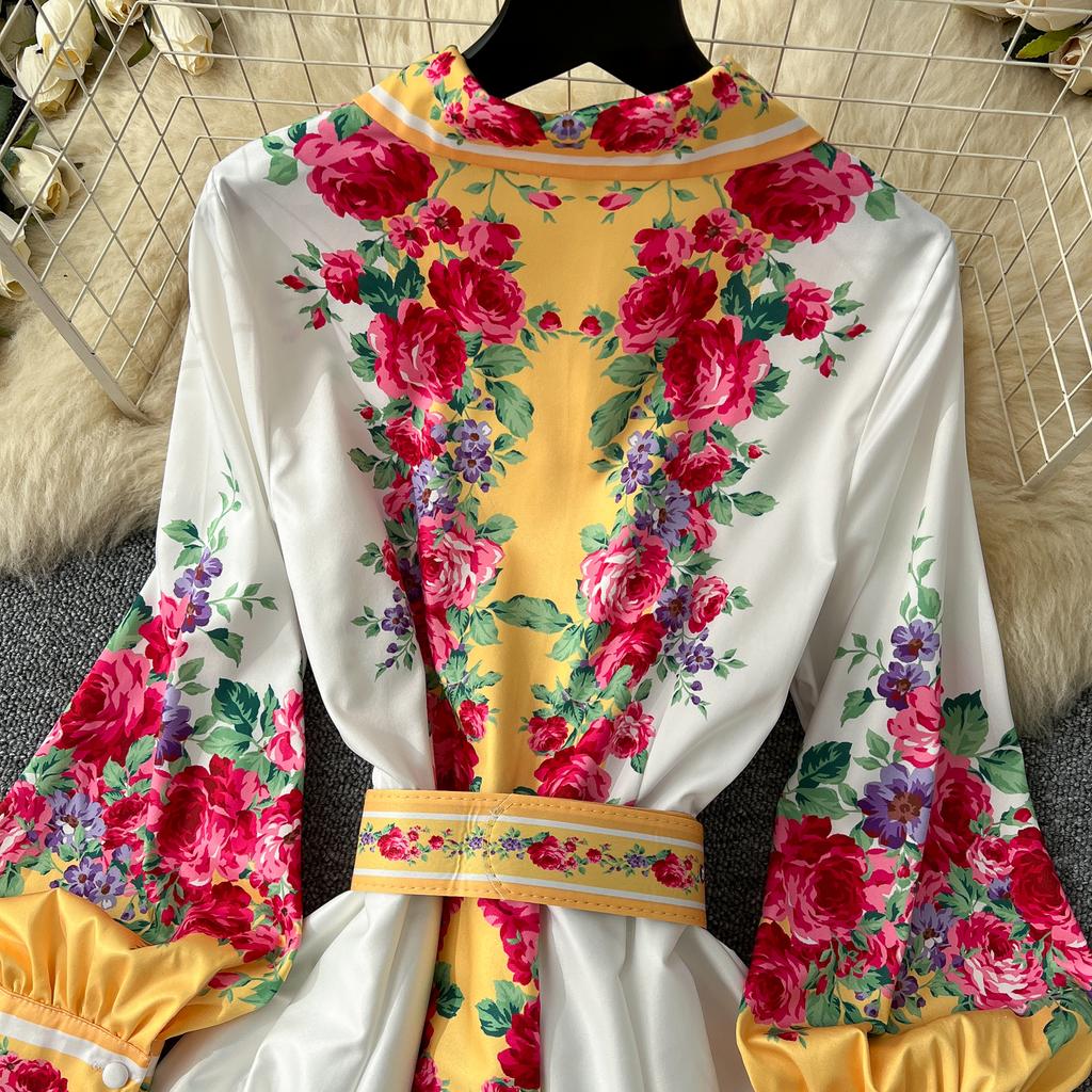 Весенние женские винтажные принты с отложным воротником, однобортная рубашка, длинные макси, праздничные пляжные платья с поясом