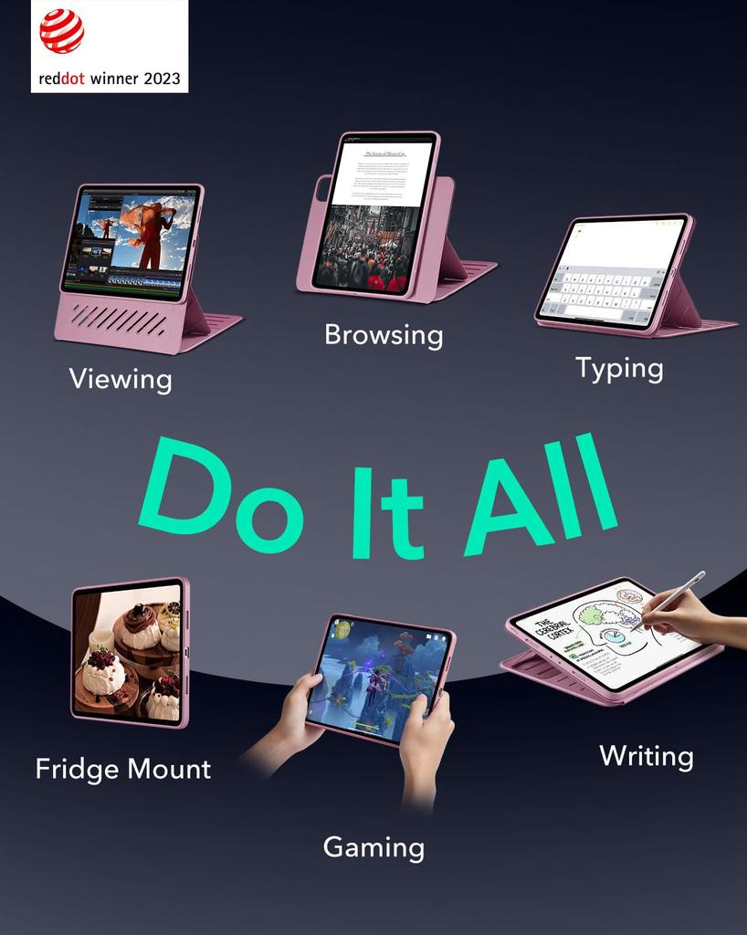 ESR Чехол для iPad Pro Эксклюзивный вращающийся чехол со съемной магнитной подставкой, 9 регулируемых углов, прочный, розовый, 12.9 (2022/2021, 6-е/5-е поколение) Крышка,