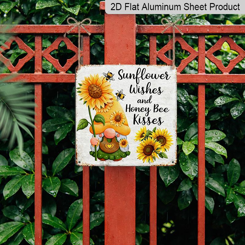 2D Flat, 1pc Vintage Aluminium Metal Sign, Outdoor Decorative Wall Sign, Retro Tin Sign Style, Kindness, "Sunflower Wishes and Honey Bee Kisses