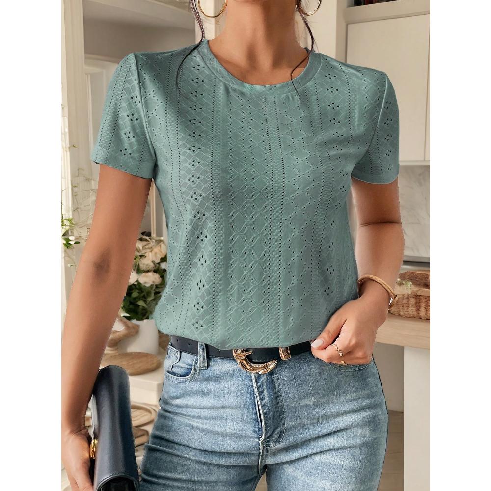 Frenchy Solid Eyelet Вышивка Круглый вырез Белая футболка Commute Минималистичный Офис Old Money Simple Commute Минималистичный Офис Old Money Simple