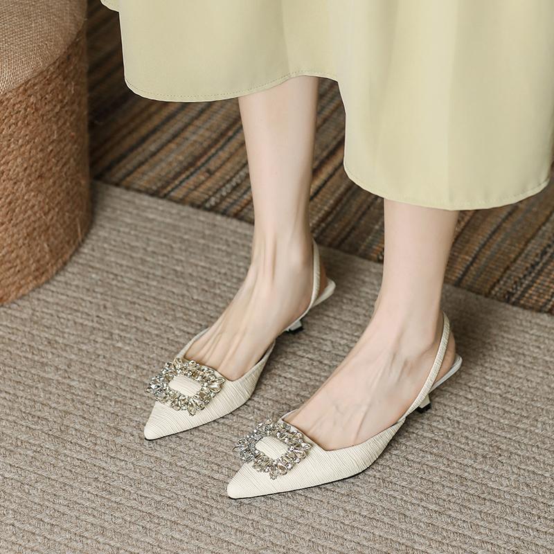 Французское бежевое слово со стразами с сандалиями женский тонкий каблук высокий каблук мода 2025 новый летний зарубежный мягкий обувь