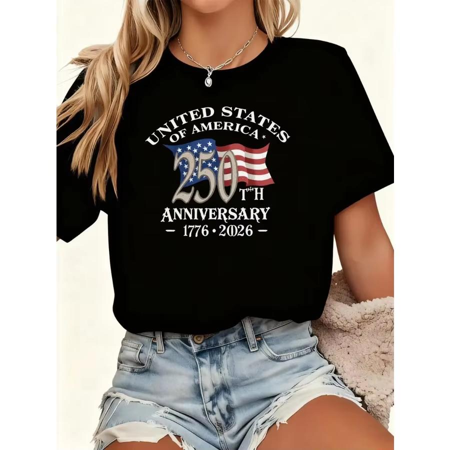 250th Anniversary Commemorative American Flag TShirt Crew Neck 220g Comfortable Soft Fabric Unisex Casual American Independenc