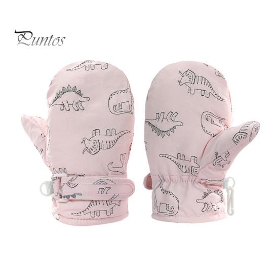 1 Pair Children Winter Mittens Thick Plush-lined Windproof Cartoon Dinosaur Cold Weather Outdoor Gloves Adjustable Fasten Strap Anti-Slip Ski Gloves
