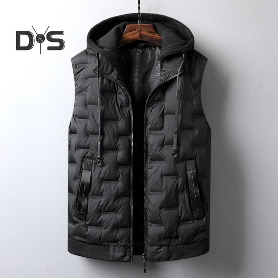 Men Cotton Vest with Removable Hood Drawstring Decoration Sleeveless Waistcoat Solid Color Zipper Placket Vest Coat