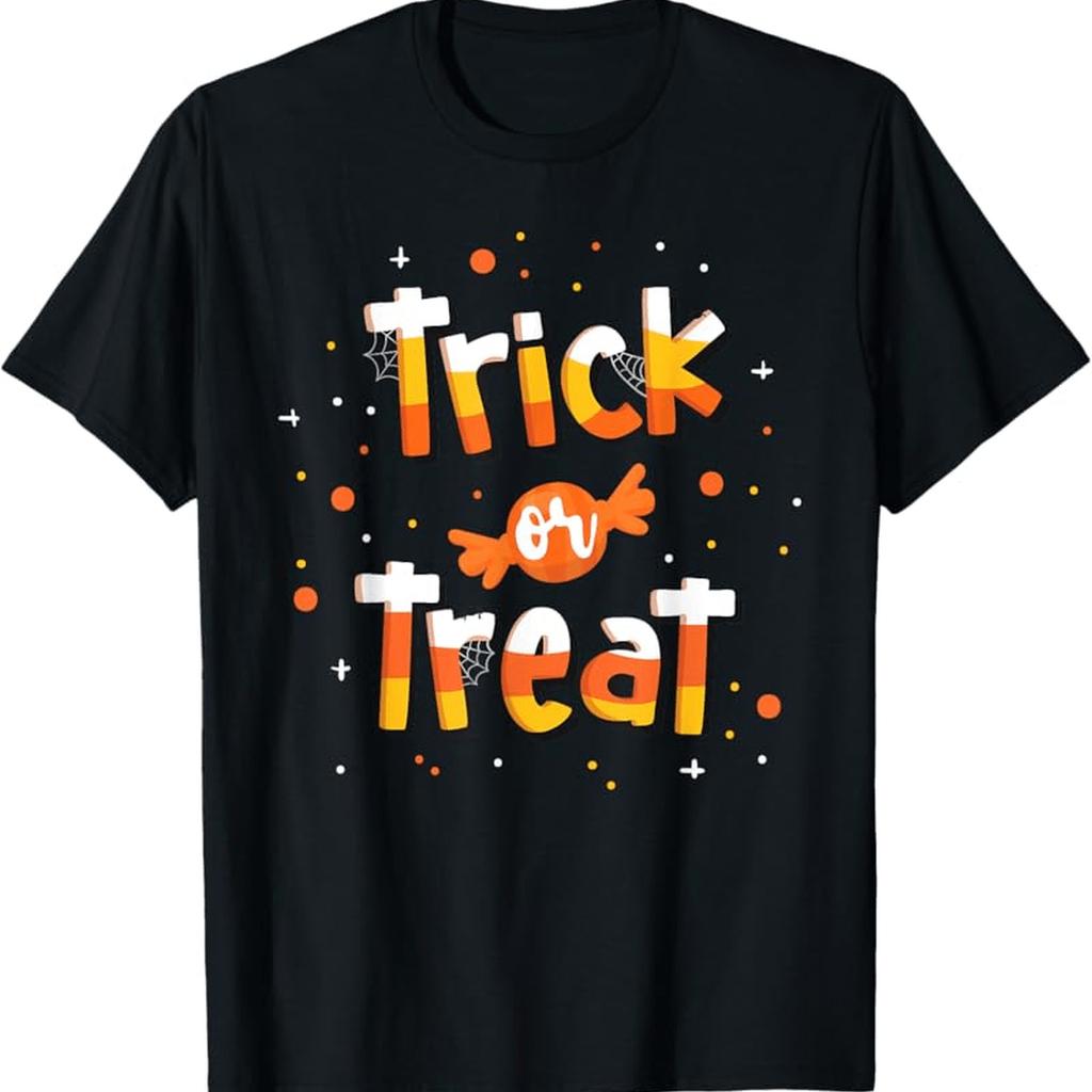 Мужская футболка на Хэллоуин с принтом 'Trick or Treat' Черная с Желтым Оранжевым Принтом Конфет Короткий Рукав Повседневная Круглый Вырез