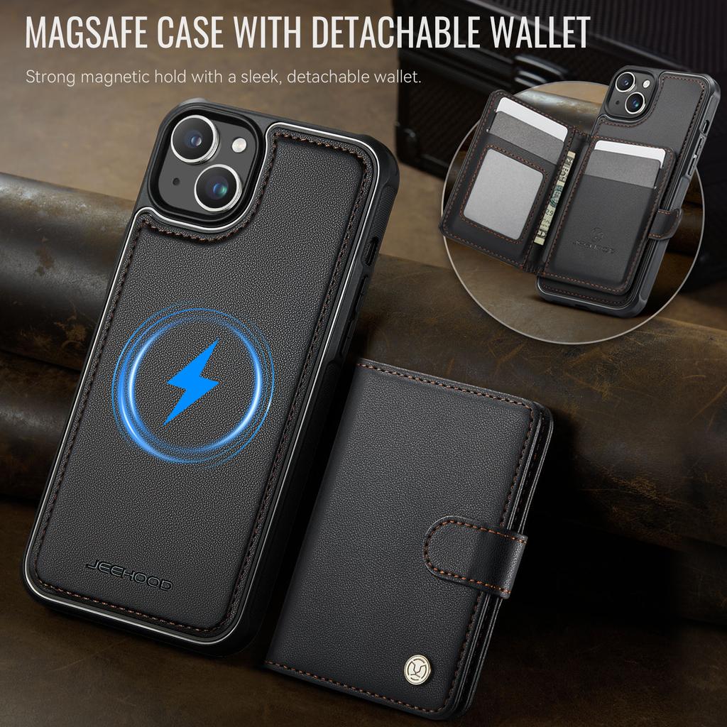 For iPhone 14 Case JEEHOOD J09 RFID Blocking Card Holder Leather Back Phone Cover Compatible with MagSafe
