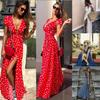 Women's Fashion Boho Long Dot Dress Long Dress High Silt Printed Beach Dress Plus Size S-5XL