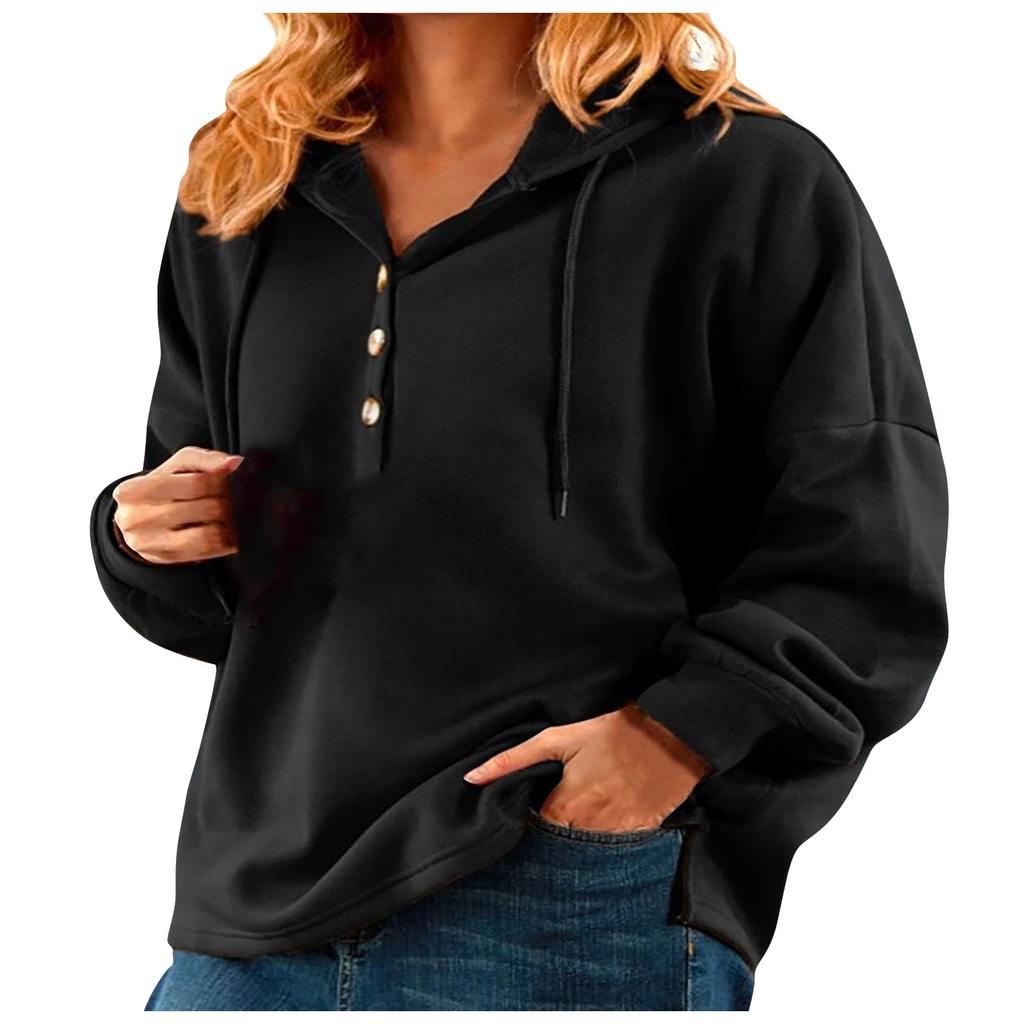 Autumn and Winter Women's Solid Color Hooded Sweatshirt Button Drawstring Top