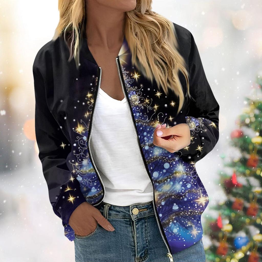 Женская легкая короткая куртка с длинными рукавами на молнии с принтом, повседневная стеганая куртка с карманами, рождественская