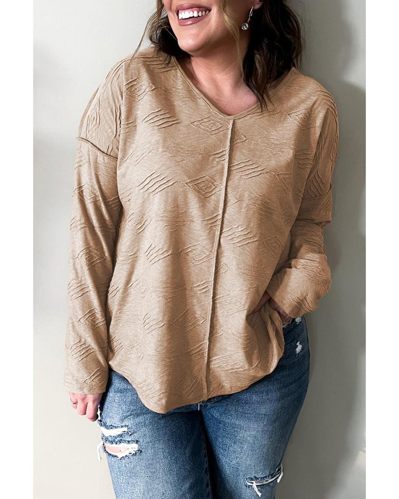 Azura Exchange Khaki Plus Size Textured Drop Shoulder Exposed Seam Top