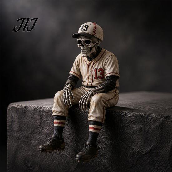 Halloween Gothic Home Ornament Baseball Player Skeleton Figurine, Resin Skull for Desktop & Detailed Craft Bookshelf Decor, Retro Statue Office Decor