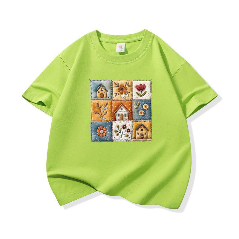 Kids Cotton T Shirt Cute Floral House Print Crew Neck Short Sleeve Tee Casual Breathable Boys Girls Summer Tops